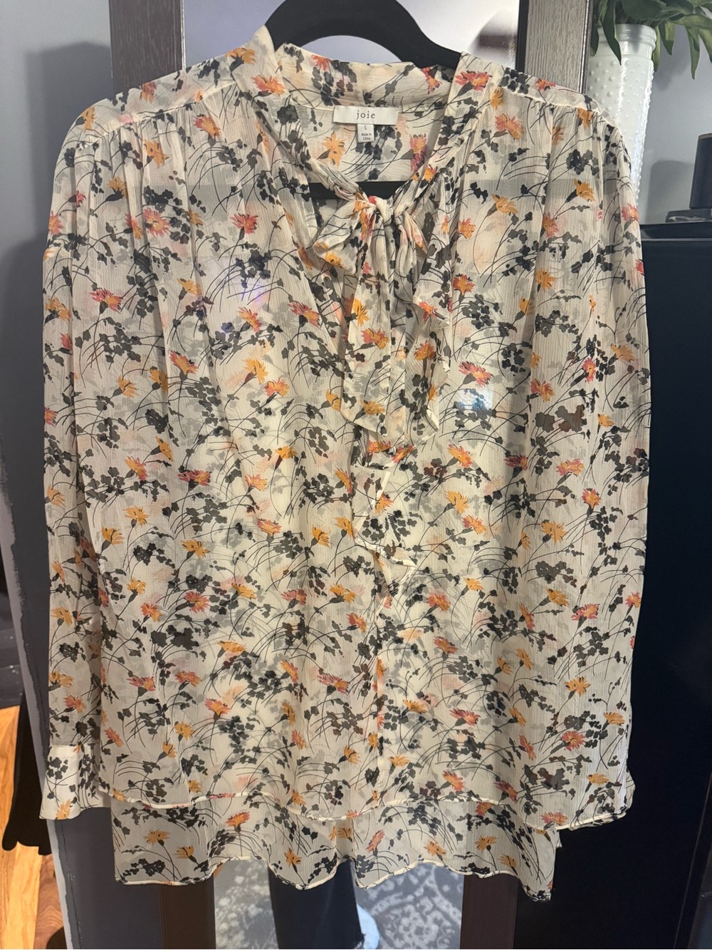 Joie Cream Floral Tie-Front Blouse with Orange & Pink Accents